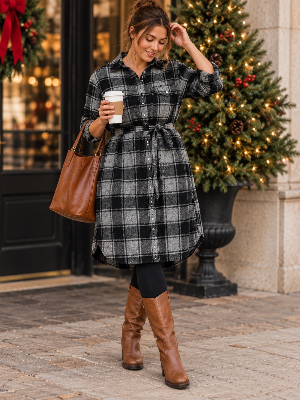 Duluth Trading Co Black and Gray Plaid Midi Shirt Dress with Self-Tie Waist